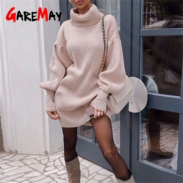 

dress for autumn winter oversize sweater midi knitted dress female lantern sleeve turtleneck warm women's dress lj201127, White;black