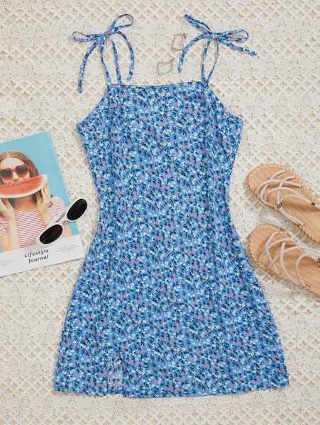 

ditsy floral print tie shoulder cami dress 13ev#, Black;gray