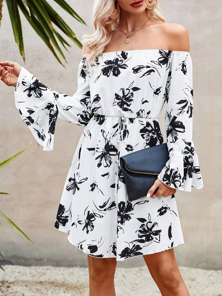 

floral print off the shoulder flounce sleeve dress d3ui#, Black;gray