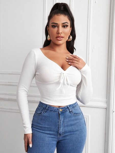 

ruched knot front rib-knit crop tee t35b#, White