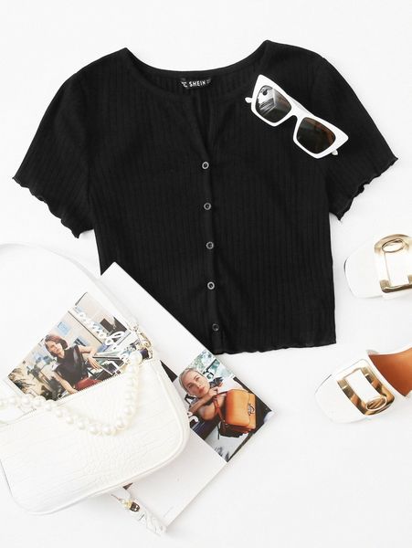 

button front lettuce trim rib-knit tee b2yp#, White