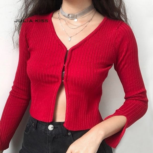 

women v neck knitting ribbed cardigan with covered button y200106, White;black