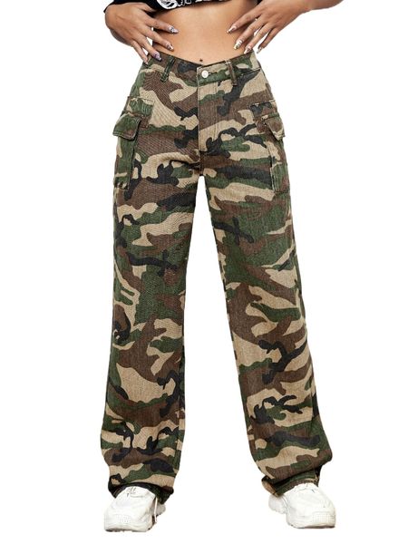

high waisted flap pocket camo cargo jeans r6e1#, Blue