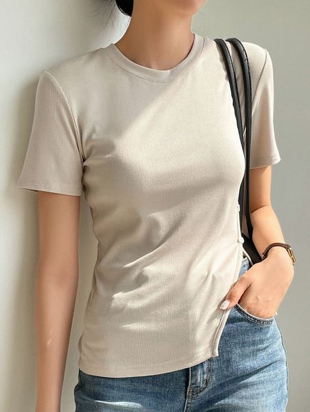 

dazy-less solid slit hem ribbed tee 55nf#, White