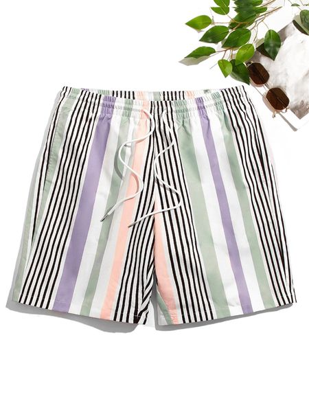 

men block striped drawstring waist shorts j0in#, White;black