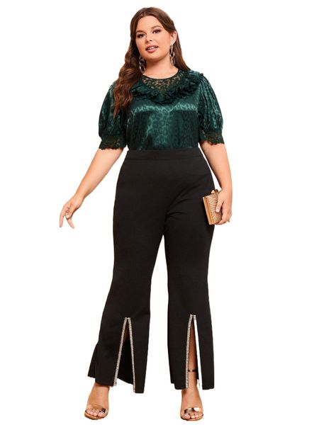 

plus leopard print contrast lace ruffle trim blouse r6jf#, Black