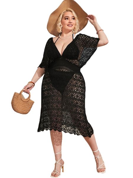 

plus hollow out v neck cover up v4zh#, Black