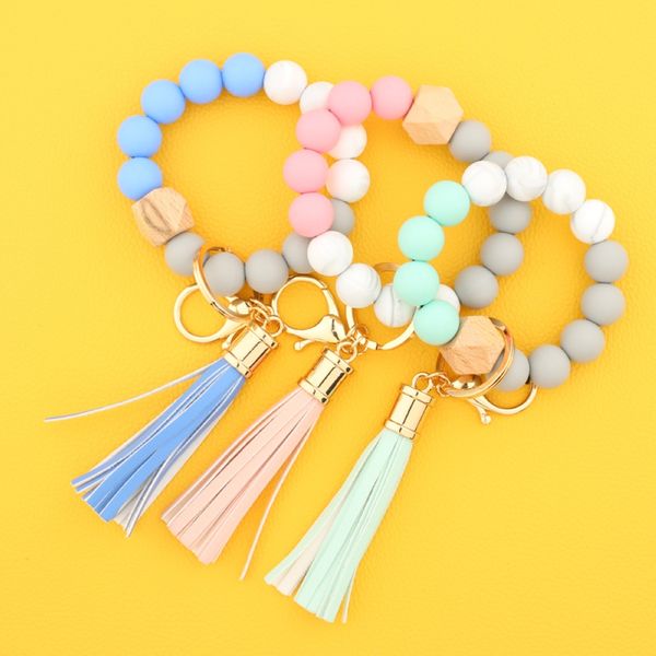 

tassel silicone wood beads bracelet key chain multicolors women handbag hang accessories car keychains charming pendant jewelry gift for fam, Black