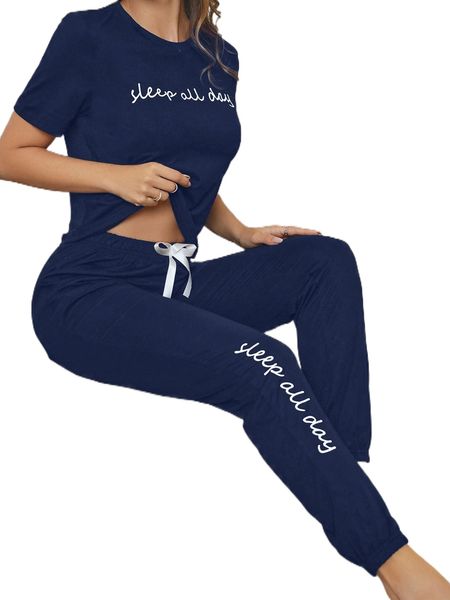 

slogan graphic tee & bow front pants lounge set z23t#, Black;red