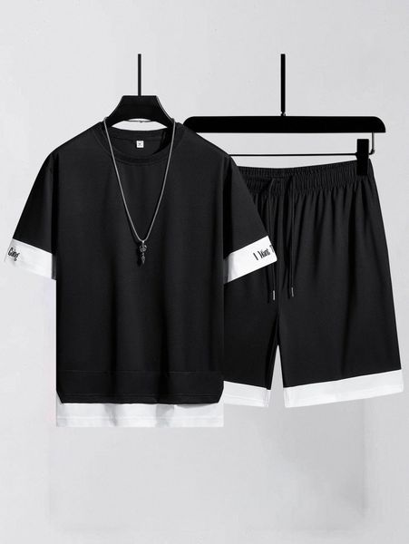 

men color block slogan graphic tee and drawstring waist shorts c8mr#, Gray