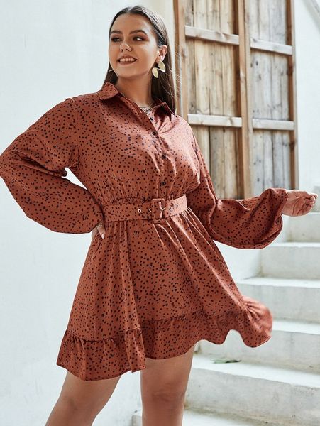 

simplee plus dalmatian print lantern sleeve belted dress m6gr#, Black