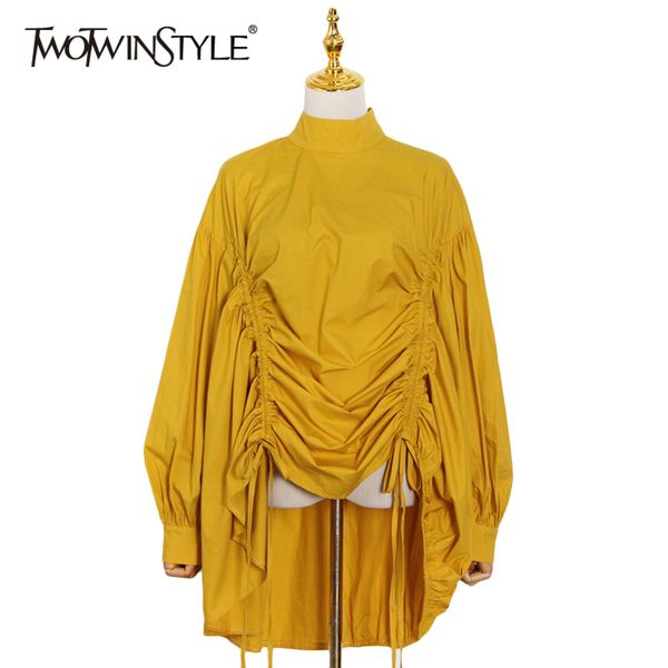 

white ruched drawstring shirt for women stand collar long sleeve loose casual blouse female fashion clothes 210423