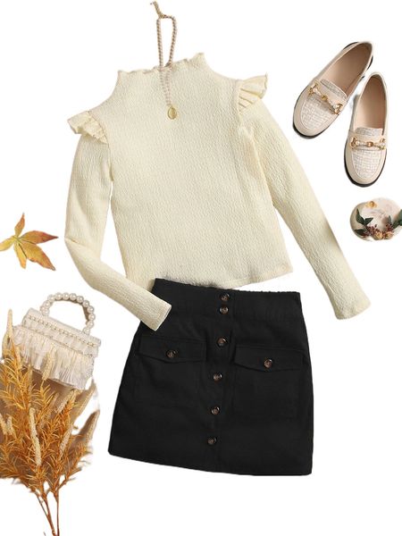 

girls mock neck & flap pocket skirt 32yw#, Black;white