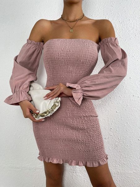 

off shoulder shirred flounce sleeve bodycon dress t1l1#, Black;gray