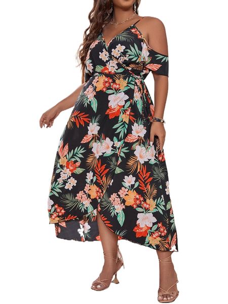 

plus floral print cold shoulder knot side wrap dress b7in#, Black