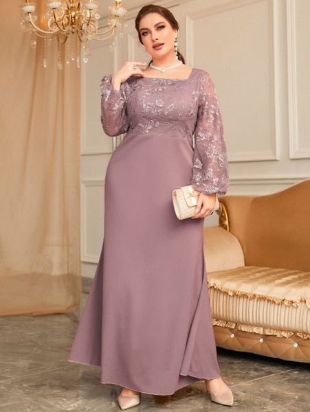 

plus floral embroidery mesh panel lantern sleeve dress b2v1#, Black
