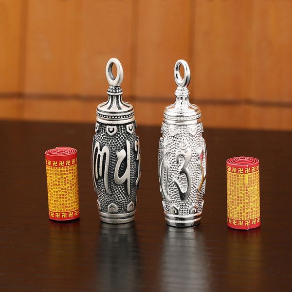 S925 Ayar Gümüş Tüp Madalyon Surangama Mantra Altı-Kelimeler Budizm Kolye Kolye Retro Budist Vintage Muska Namo Maitreya Buddha Takı