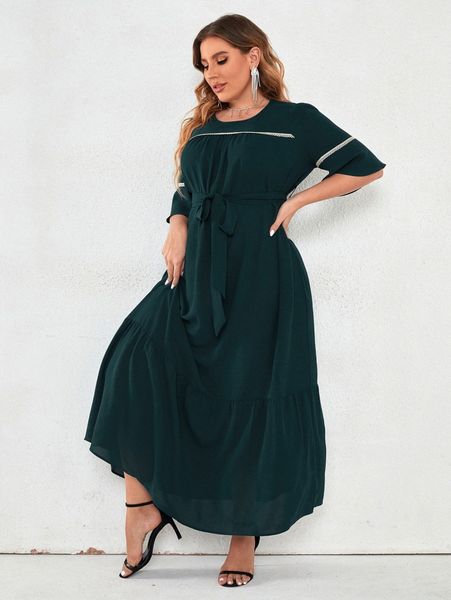

plus guipure lace trim flounce sleeve ruffle hem belted dress f1gn#, Black