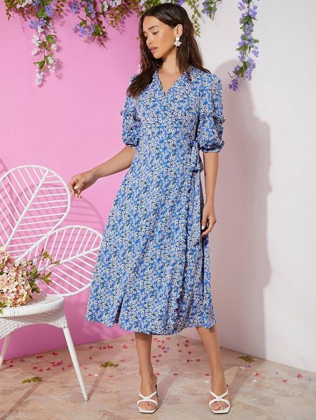 

ditsy floral surplice neck knot frill trim dress w4gz#, Black;gray