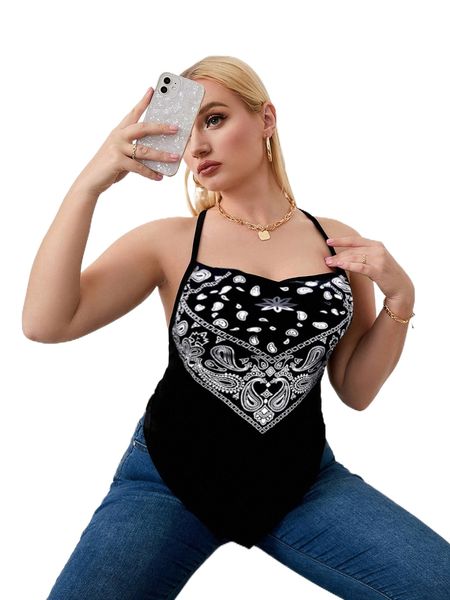 

plus paisley print crisscross back hanky hem halter m95p#, Black