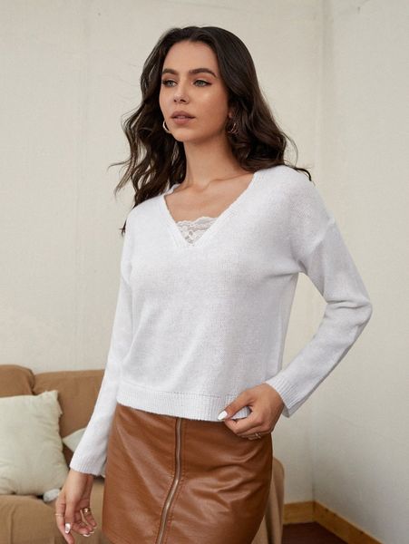 

contrast lace drop shoulder sweater v3ga#, White;black