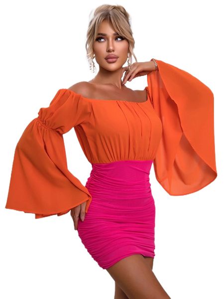 

joyfunear two tone off shoulder flounce sleeve ruched dress m3iz#, Black;gray