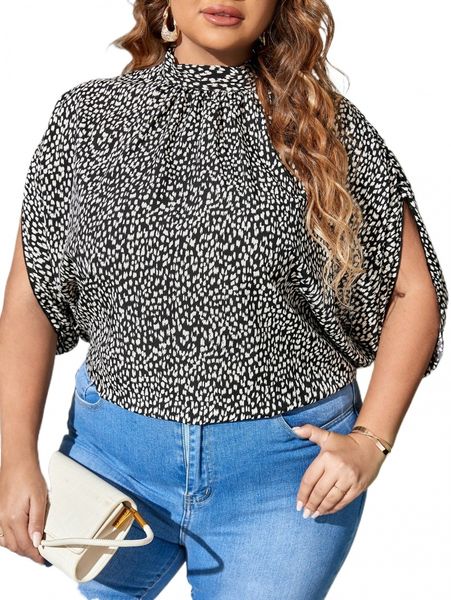 

plus allover print batwing sleeve blouse j3ee#, Black