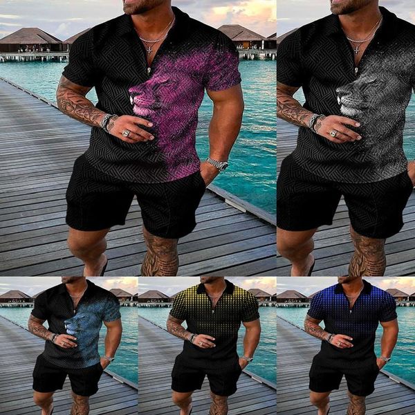 

men's tracksuits summer men's tracksuit lion printing short sleeve zipper shirt&shorts set men casual streetwear 2-piece suit 3xlm, Gray