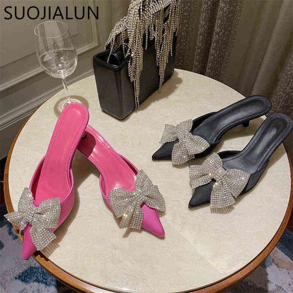 

suojialun fashion women slippers new brand crystal bow-knot pointed toe slip on mules shoes thin low heel outdoo dress 220627, Black