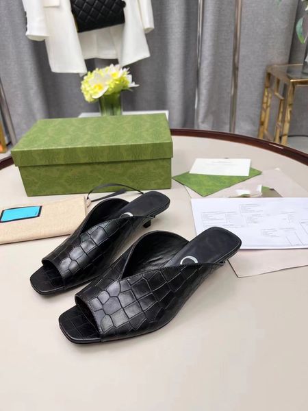 

new 2022 first leather high heeled women's sandals bandwidth strap and belt made of leather diagonal f-shaped carving heel gold metal s, Black