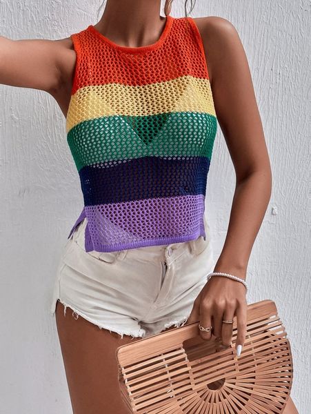 

color block open knit split side knit tank without bra t6mn#, White;black