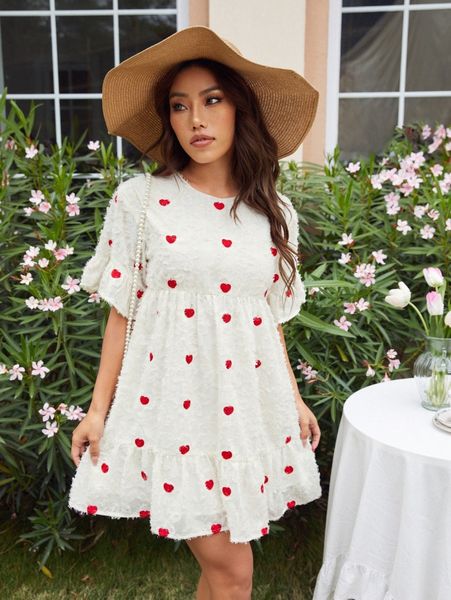 

heart print ruffle hem smock dress m5an#, Black;gray