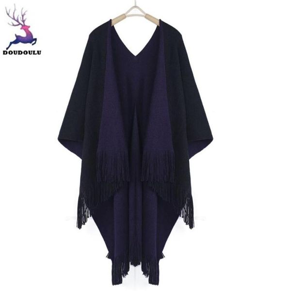 

doudoulu 2020 women winter knitted cashmere poncho capes shawl cardigans sweater coat winter keep warm scarves echarpe mulher#wm250a, Blue;gray
