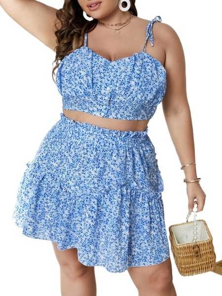 

plus ditsy floral print cami & frill trim skirt m3wg#, Black