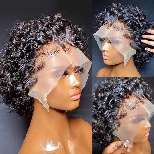 Pixie Cut Curto Curly Human Human Wigs 13x3 Bob Water Onda Transparente Renda Peruca Para As Mulheres Preestoradas