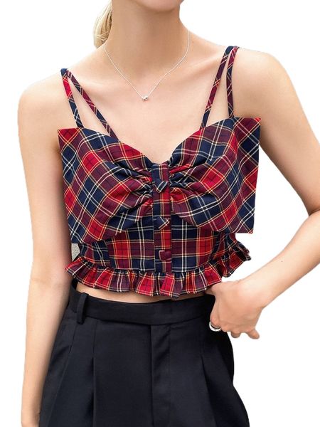 

dazy plaid print big bow front shirred back crop cami m5sz#, White
