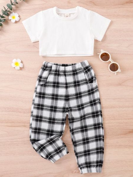 

toddler girls crop tee and plaid pants she, White