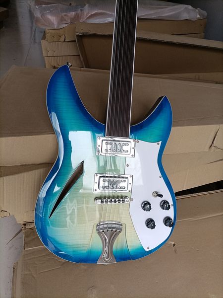 

12 strings blue fretsless semi-hollow electric guitar flame maple veneer