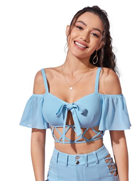

x jupiter spells cold shoulder knot front crisscross cut out crop l8iq#, White