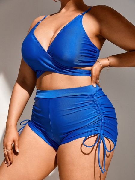 

plus wrap drawstring bikini swimsuit 67en#, White;black