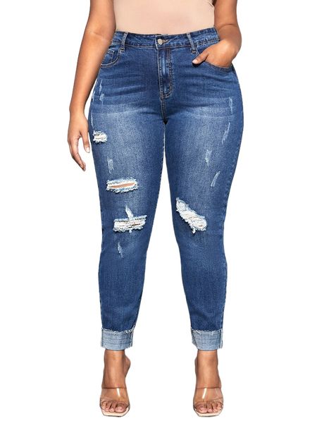 

plus high waist ripped raw cut skinny jeans t3nr#, Blue