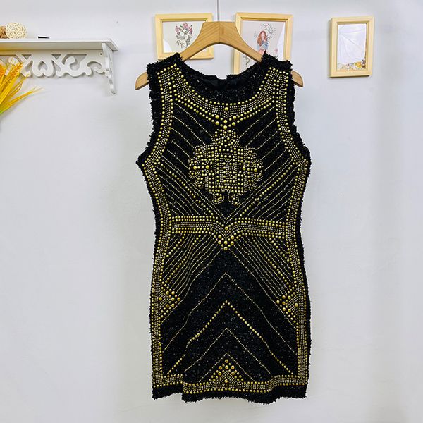 

719 l 2022 runway summer brand same style sweater kint dress kint beads crew neck sleeveless black white striped t shirt women's sweate, White;black