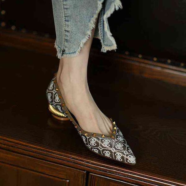 

designer women's shoes boots women's 2022 spring fashion cloth rivet pointed shallow mouth metal thick heel flat sole single shoes, Black