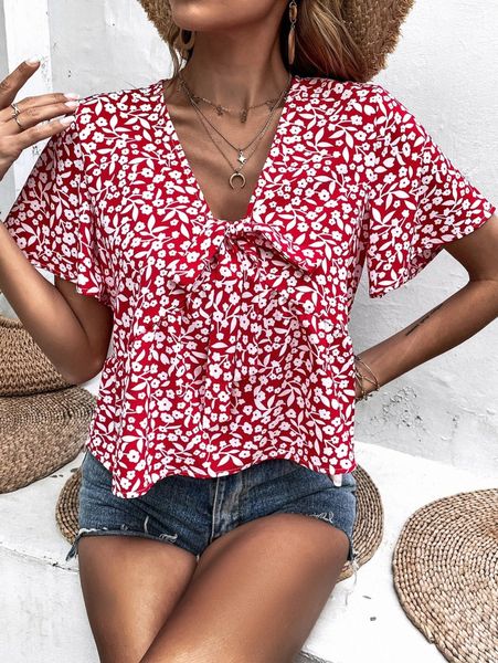 

ditsy floral print knot front peplum blouse o61i#, White