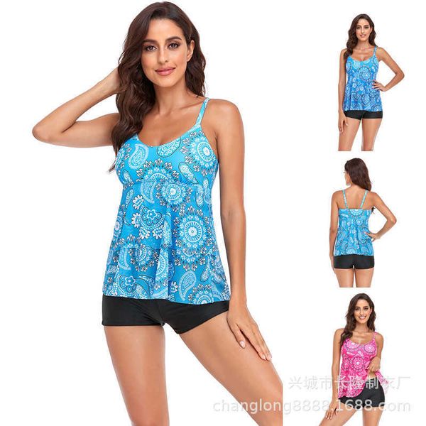 

split swimsuit printed conservative ruffle women's swimsuit, White;black