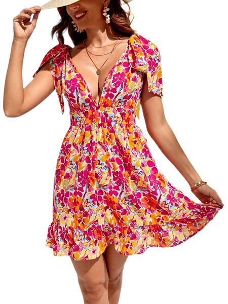 

allover floral print ruffle hem dress 02mc#, Black;gray