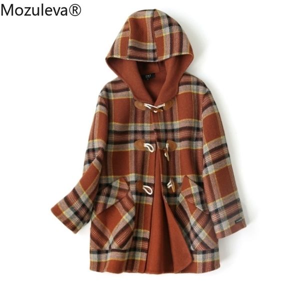 

ox horn button woman autumn winter plaid women's woolen coat 210416, Tan;black
