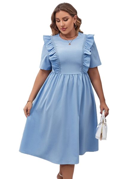 

plus guipure lace panel ruffle trim a-line dress y6h8#, Black