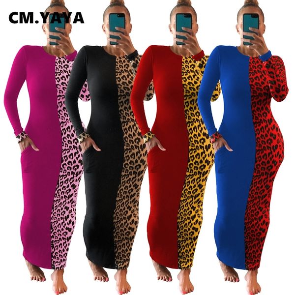 

cm.yaya autumn winter vintage leopard print patchwork women midi maxi dress party club deep long sleeve pencil long dresses 220516, Black;gray