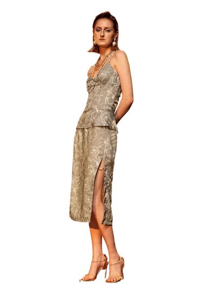 

x madina floral pearls chain split thigh skirt m44n#, Black